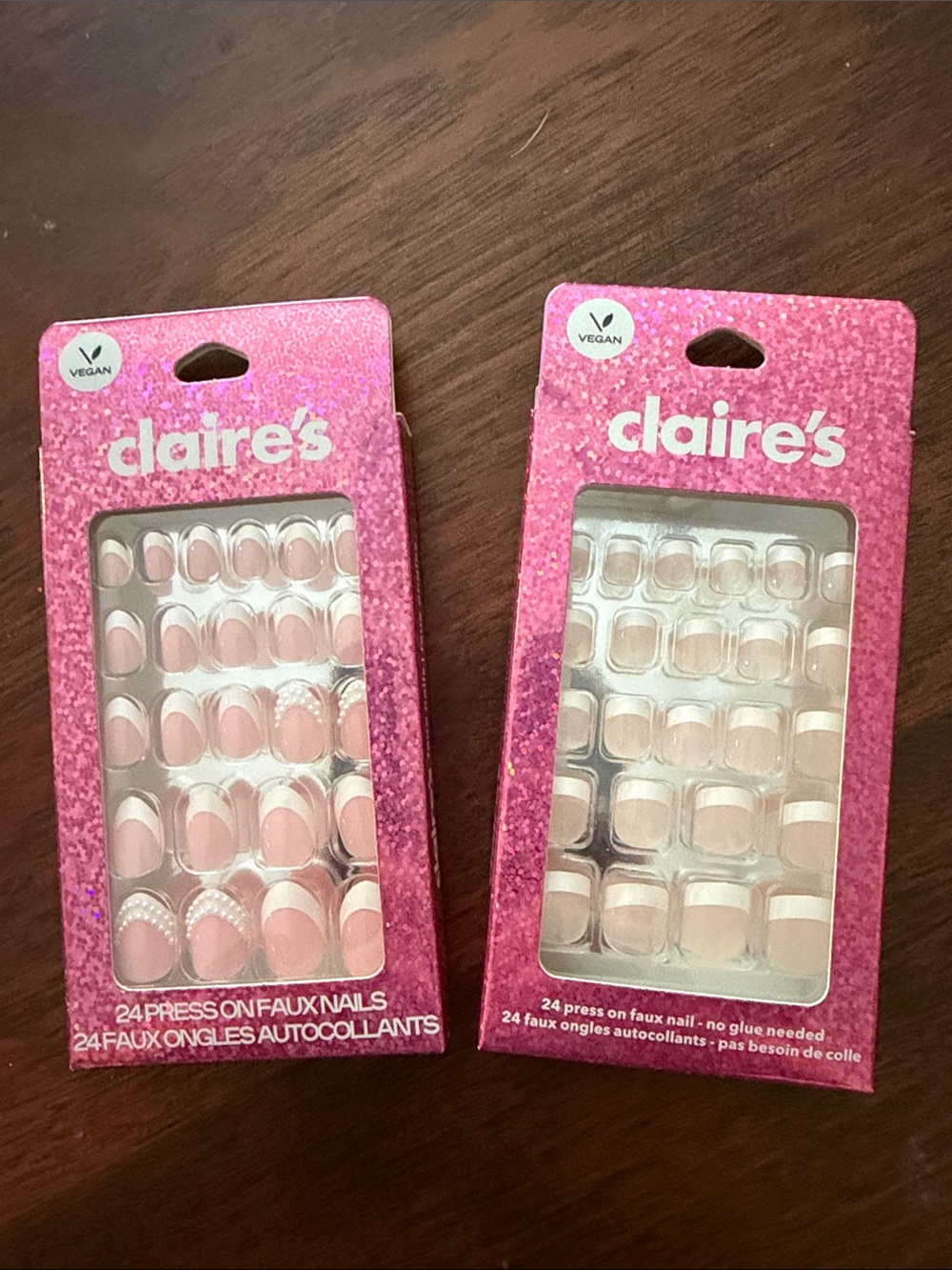 Claire’s set of 2 boxes each have 24 press on faux nails vegan